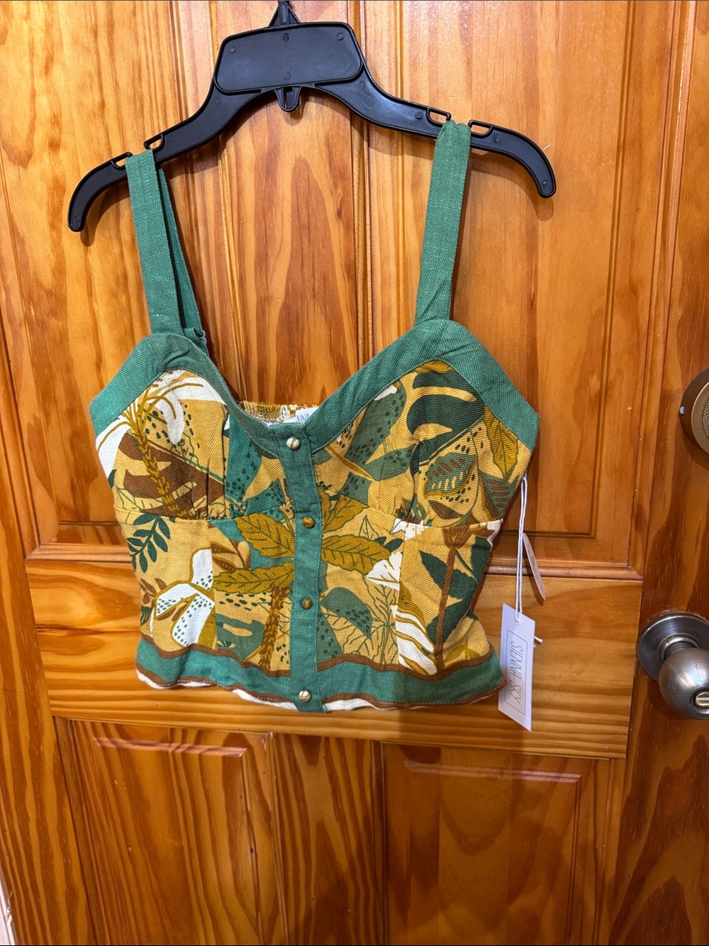 Green and Mustard Leaf-Print Crop Tank Top
